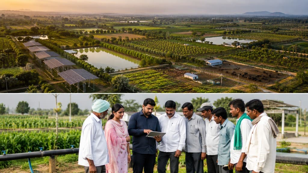 Integrated sustainable farm with solar arrays and water reservoirs above, and farmers reviewing crop data together in the field below.