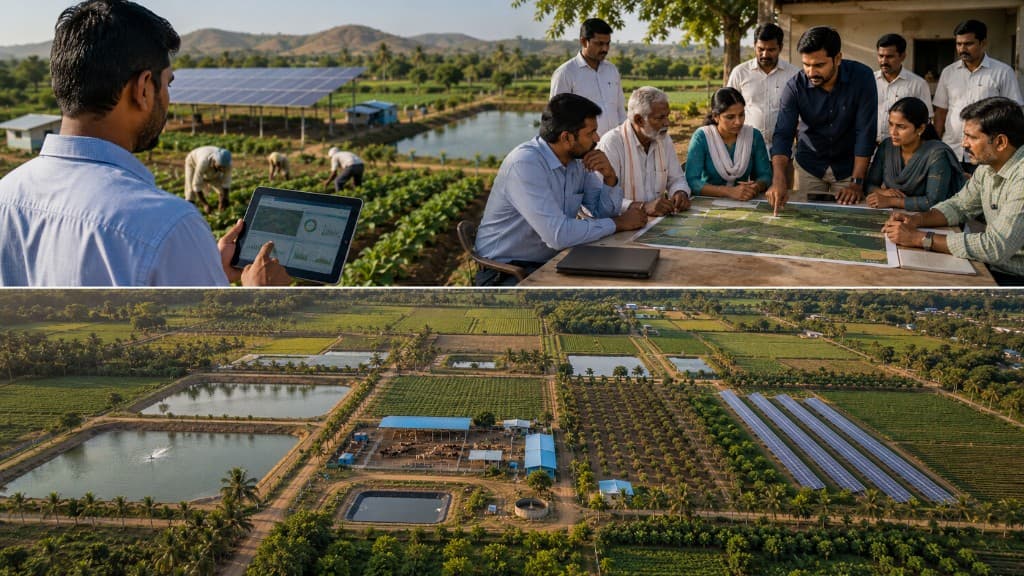 Digital farm monitoring and team planning above, and large-scale integrated agricultural ecosystem with irrigation ponds, crops, livestock, and solar infrastructure below.