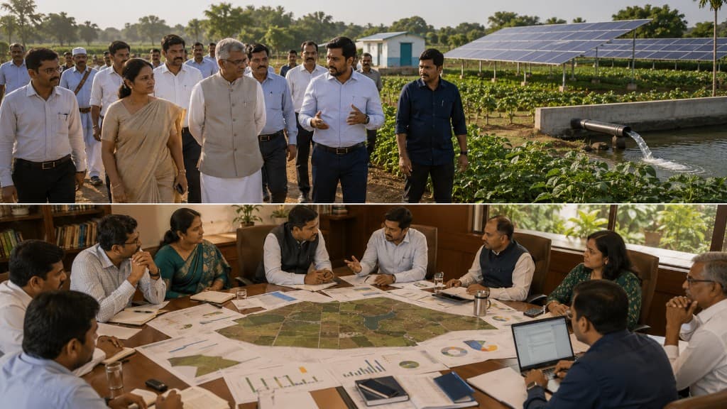 Institutional delegation visiting solar-powered farm infrastructure above, and strategic planning meeting with land-development map below.