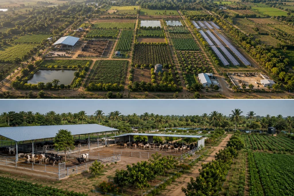 Aerial integrated agricultural development with crop blocks, irrigation ponds, solar structures, and livestock dairy infrastructure.